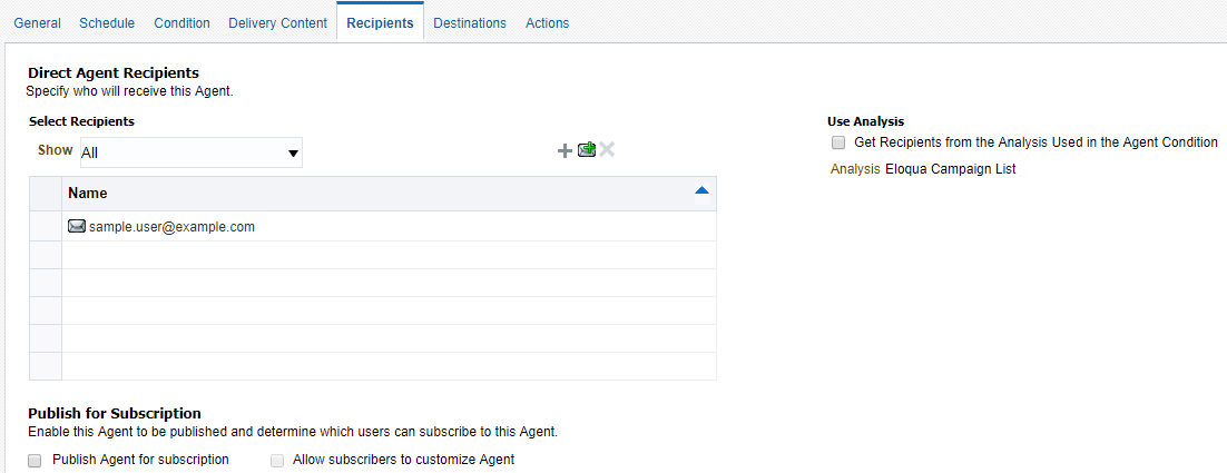 An image of the Recipients tab in the agent editor