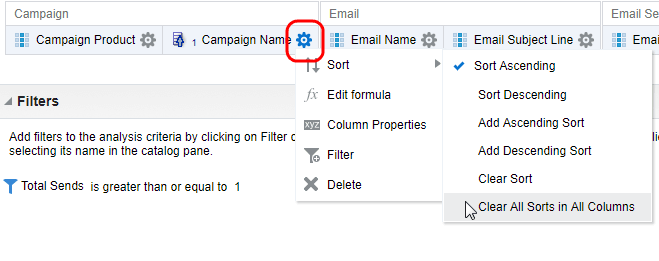 An image highlighing the Options icon and the Clear All Sorts menu option