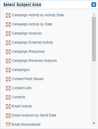 This image shows some of the subject areas available in Oracle BI