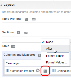An image highlighting the Totals icon for the Product column and the After option selected from the menu