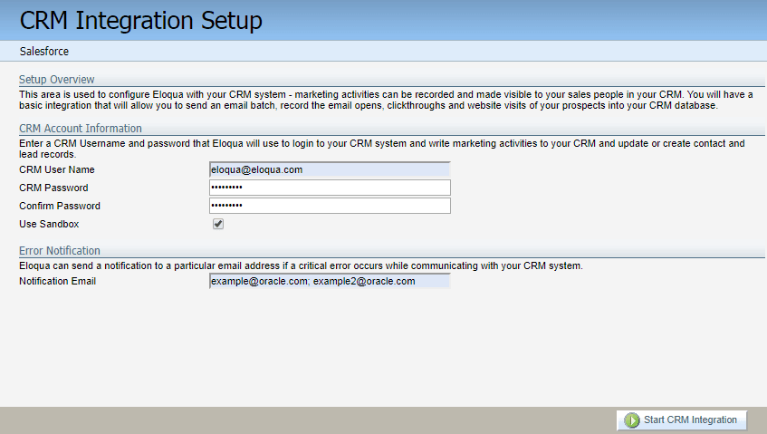 An image of the CRM Integration Setup window.