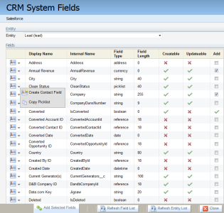 An image of the CRM System Fields window with the drop-down menu for a picklist open.