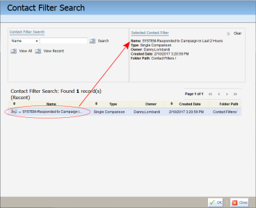 An image of the Contact Filter Search window with the SYSTEM-Responded to Campaign in Last 2 Hours fillter selected