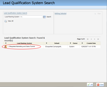 An image of the Lead Qualification System Search window with the default system circled