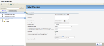 An image of the New Program window configured for the SYSTEM - Send Campaign Information to CRM program
