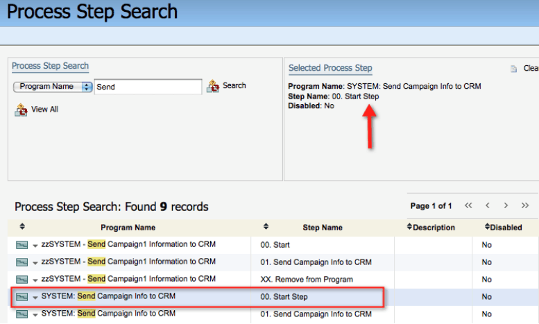 An image of the Process Step Search window with the 00.Start Step selected