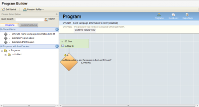 An image of Program Builder displaying the first two steps of the SYSTEM-Send Campaign Information to CRM program