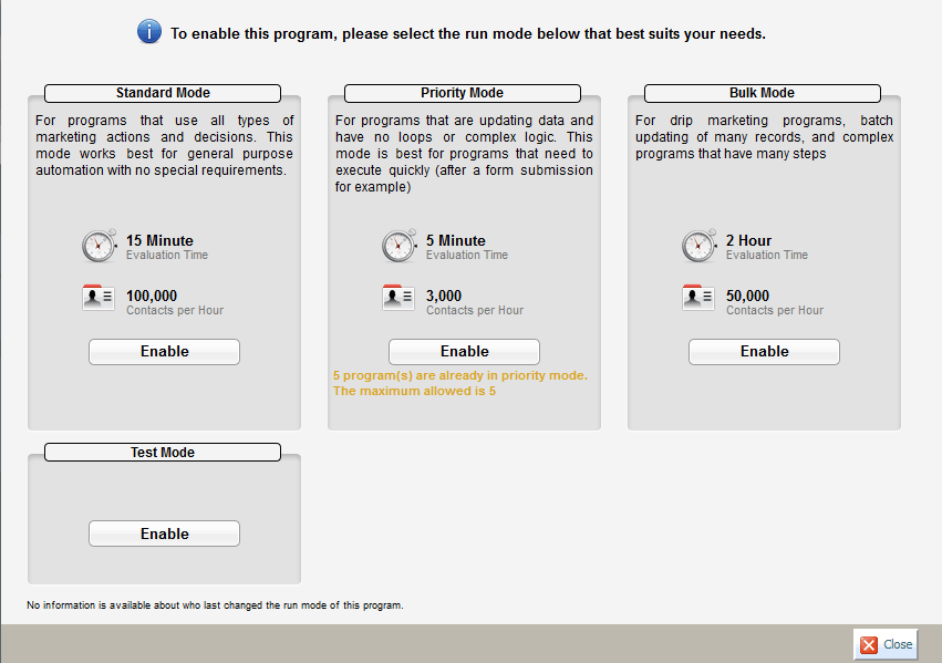An image of the different run mode options.