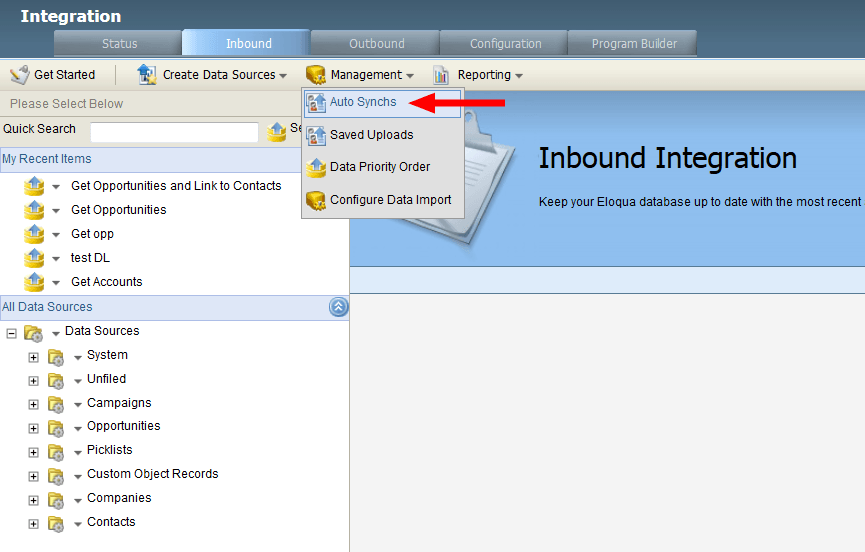 An image of the Management menu on the Inbound integration tab.