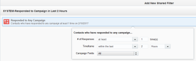 An image of the Add New Shared Filter window with the Respond to Any Campaign filter settings displayed