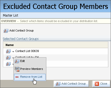 An image of a cursor pointing to the Remove from List option on a shortcut menu.