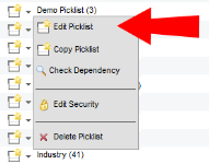 An image of a drop-down menu with Edit Picklist highlighted.