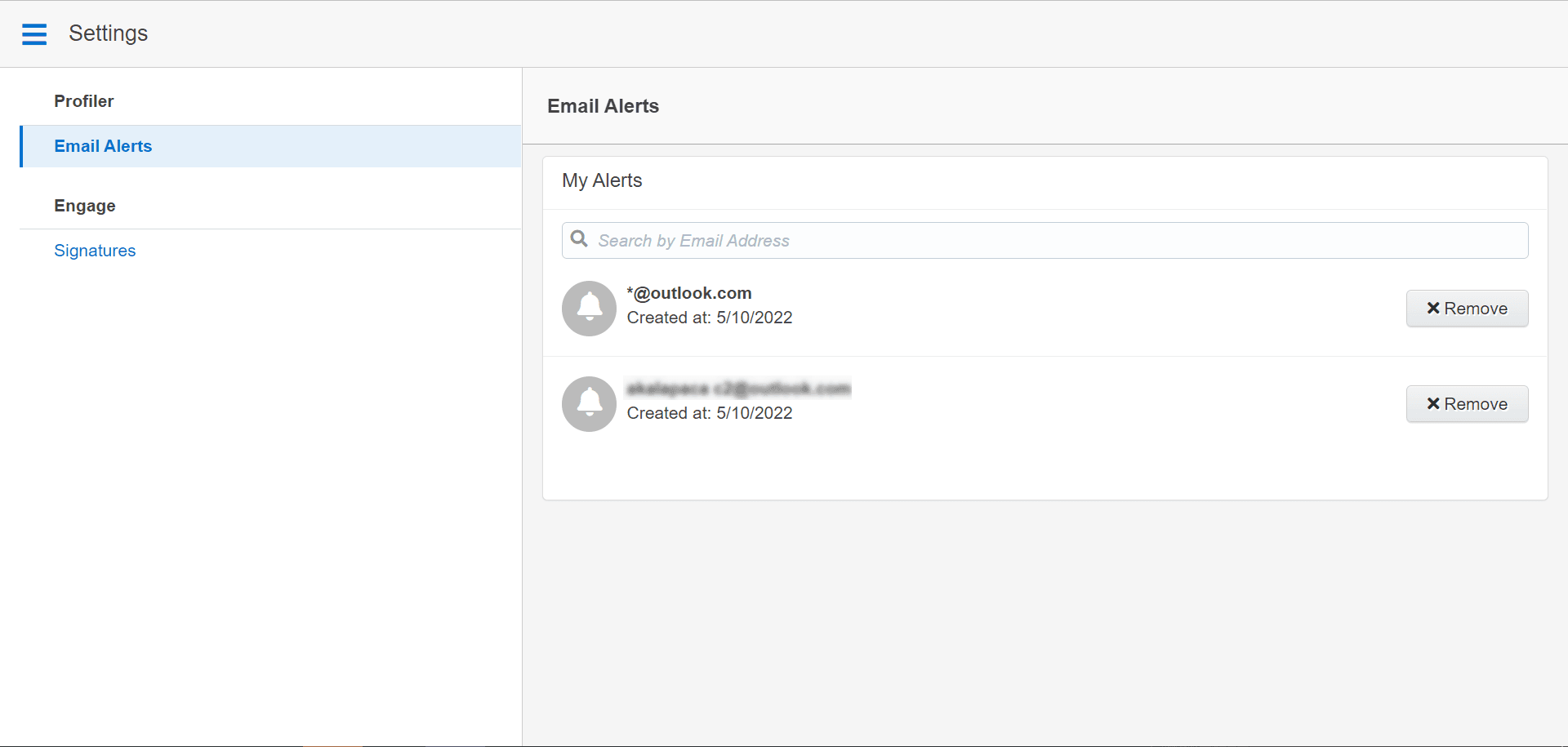 Screenshot showing Settings page for Alerts