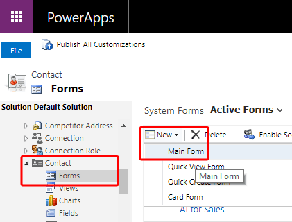 An image of Microsoft Dynamics 365's Forms page.