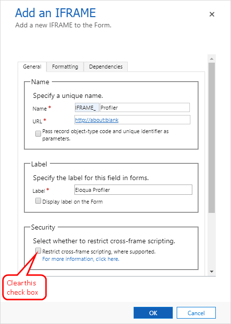An image of the Add an IFRAME window with the values that you need to add.
