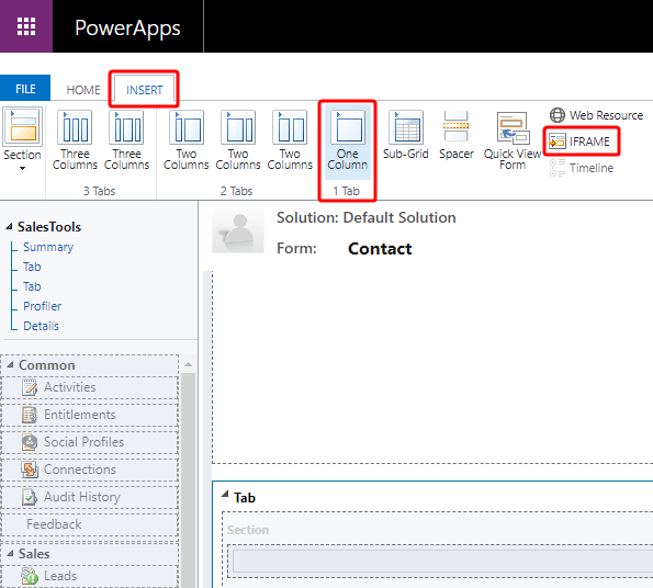 An image of Microsoft Dynamics 365's Insert tab on the Forms page showing where to select a one-column tab and create and iframe.
