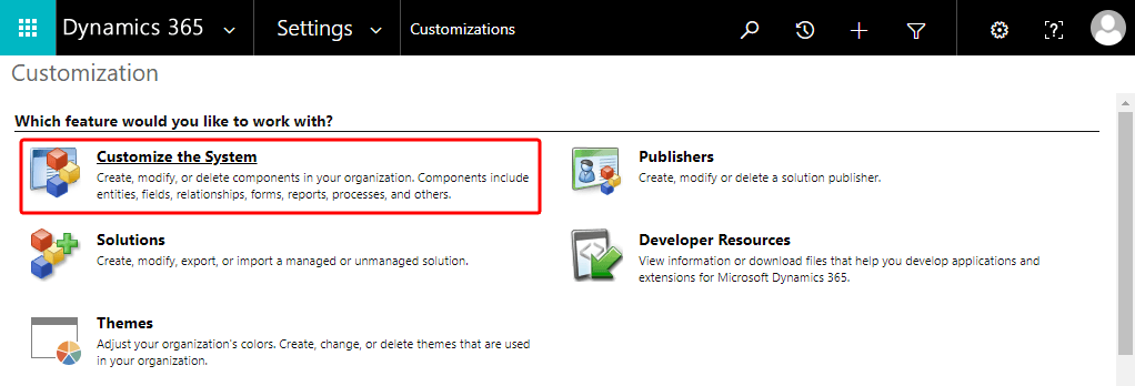 An image of Microsoft Dynamics 365's Customize the System page.