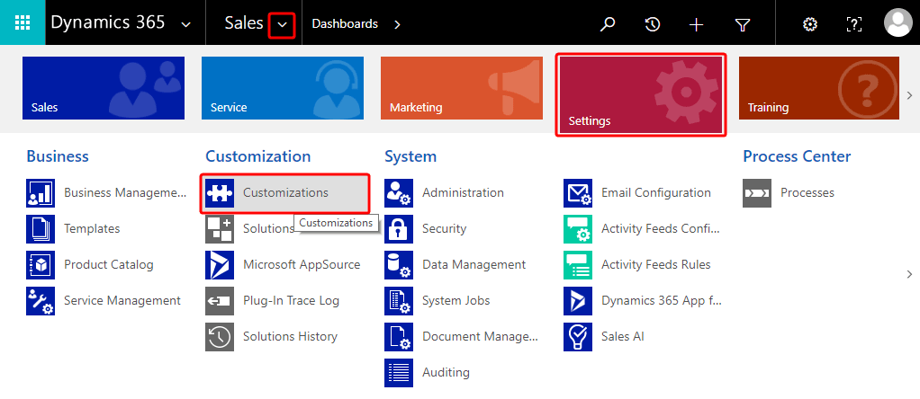 An image of Microsoft Dynamics 365's Settings section.
