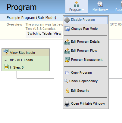 An image of the Program drop-down menu with Disable Program highlighted.