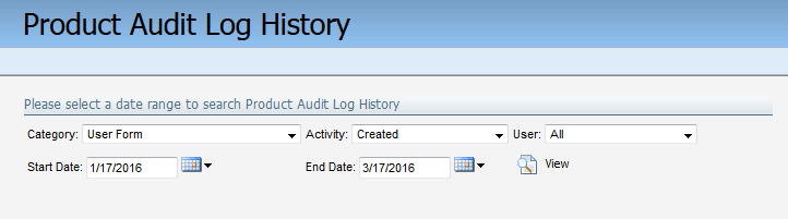 An image of the Product Audit Log History submission form.