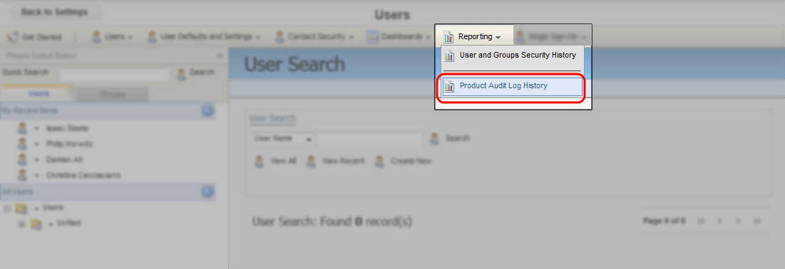 This is an image of the Users menu in Eloqua. The Users toolbar is opened and highlighted on the Product Audit Log History menu option.