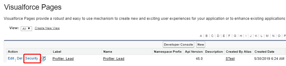 An image of the Security option for Visualforce Pages