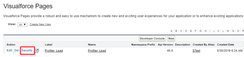 An image of the Security option for Visualforce Pages