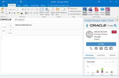 An image of a blank email in Microsoft Outlook with Oracle Eloqua Sales Tools for Microsoft Outlook