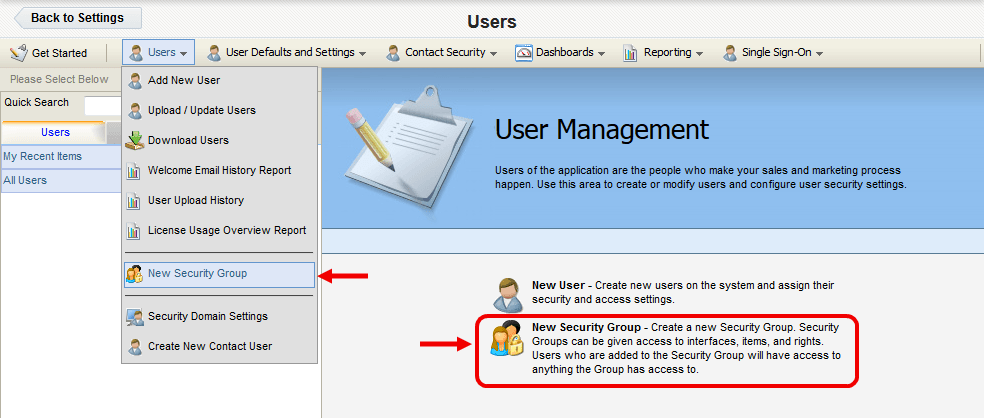 An image of the Users drop-down menu with New Security Group highlighted.