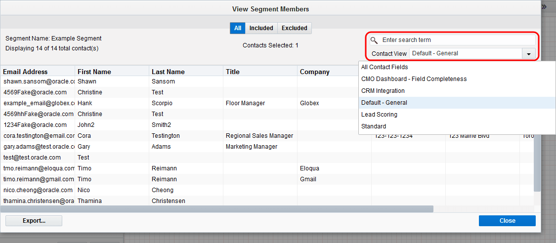 An image of the Contact View drop-down list.