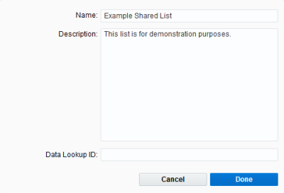 An image of the Name, Description, and Data Lookup ID fields.
