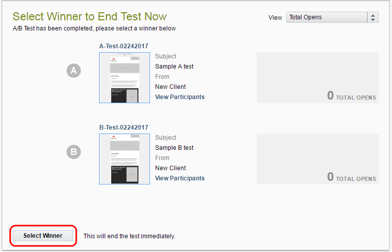 An image of an AB test highlighting the Select Winner button