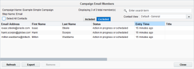 An image  of the Campaign Email Members window with the Excluded tab selected.
