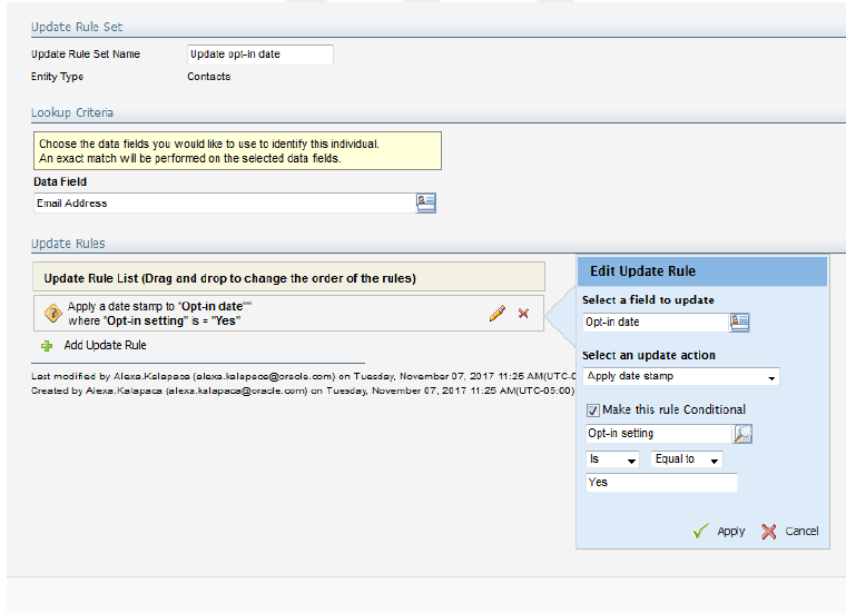 An image of form update rule that updates an opt-in date on the contact record