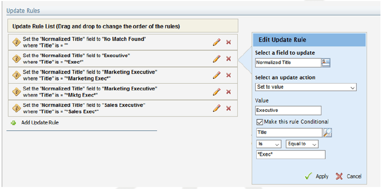 An image of an update rule that updates the title of a contact