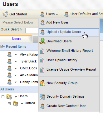 An image of the Users menu with Upload/Update Users highlighted.