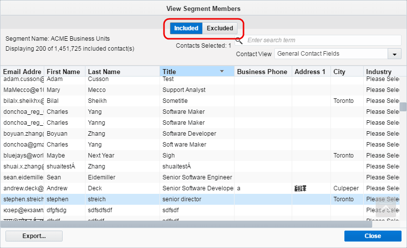 An image of the View Segment Members window. Contacts from the segment are listed individually.