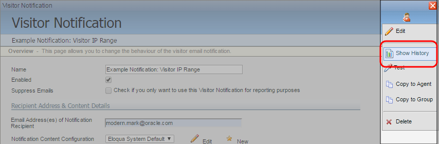 An image of the Options menu with Show History highlighted.