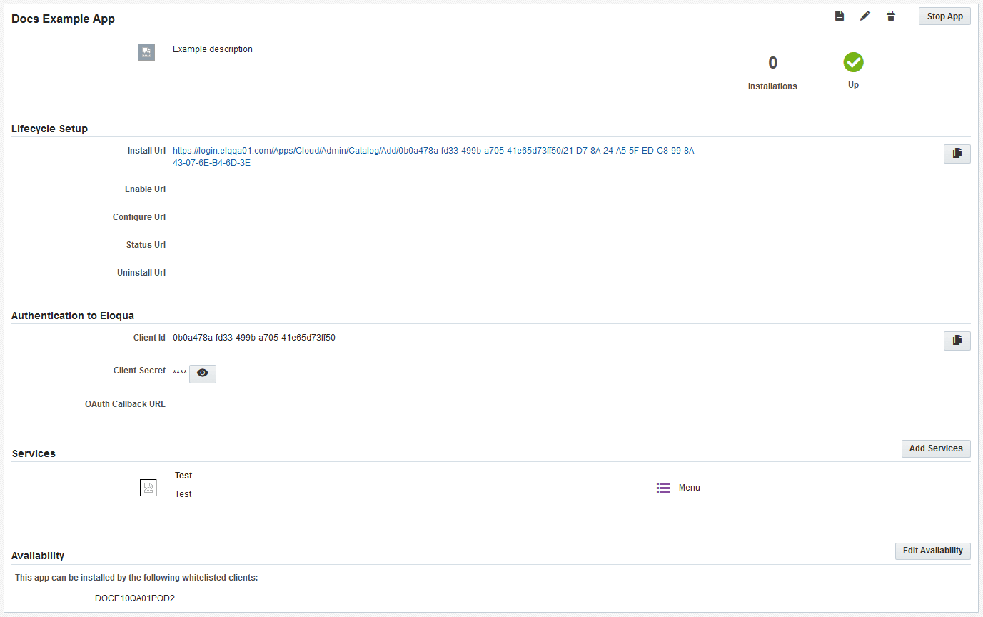 An image of the App Details page in Eloqua An image of the App Details page in Eloqua