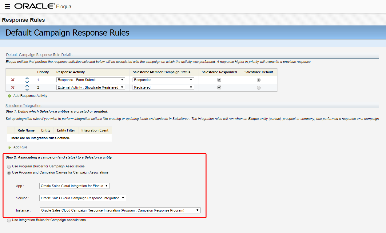 An image of the Eloqua Response Rules page An image of the Eloqua Response Rules page