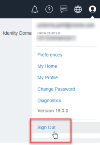 Screenshot showing location in the user menu of Sign Out action for Oracle Cloud portal