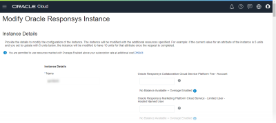 Modify Oracle Responsys Instance - Instance Details page