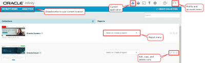 Image of the Collections page showing how to open reports and switch applications