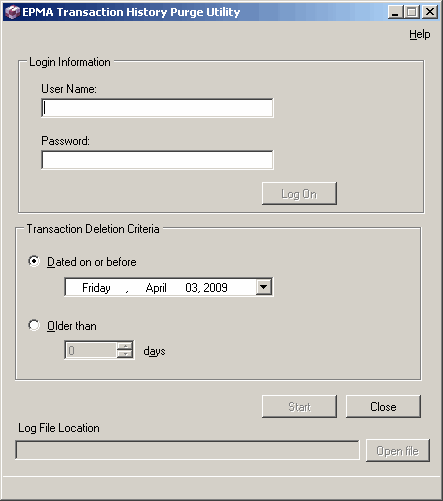 Transaction History Purge Utility dialog box.