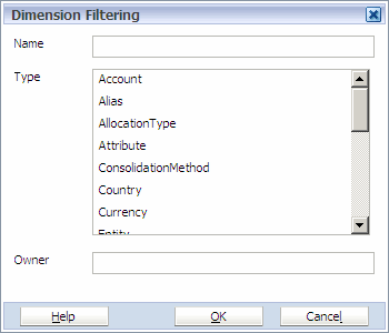 Dimension Filtering dialog box.