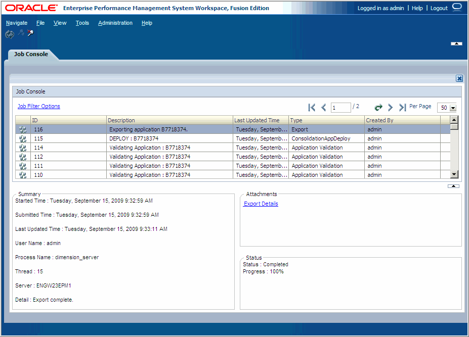 The Library Job Console displays each job in a tabular format.