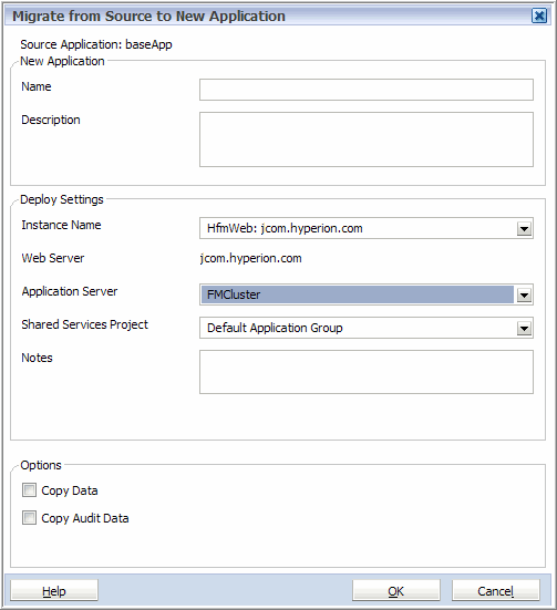 The Migrate from Source to New Application dialog box shows the source application name and description and the deployment settings, such as the instance name, Web server, Application server, and so on.