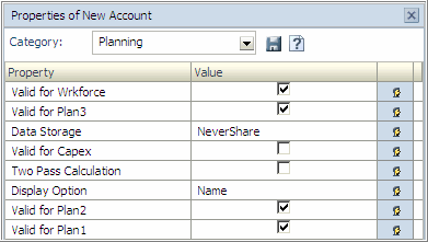 Properties differ by category. The Planning category displays properties specific to Planning.