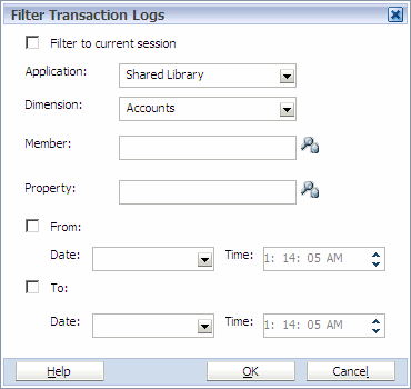The Filter Transaction Logs dialog box enables you to view specific logs and also filter the logs to view by application, dimension, member, property, or date.