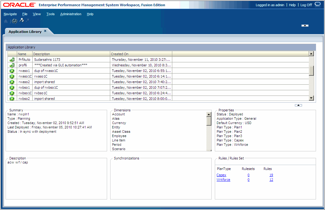 When you view details in the Application Library, you see the application name, description, and creation date in the upper pane instead of large icons.